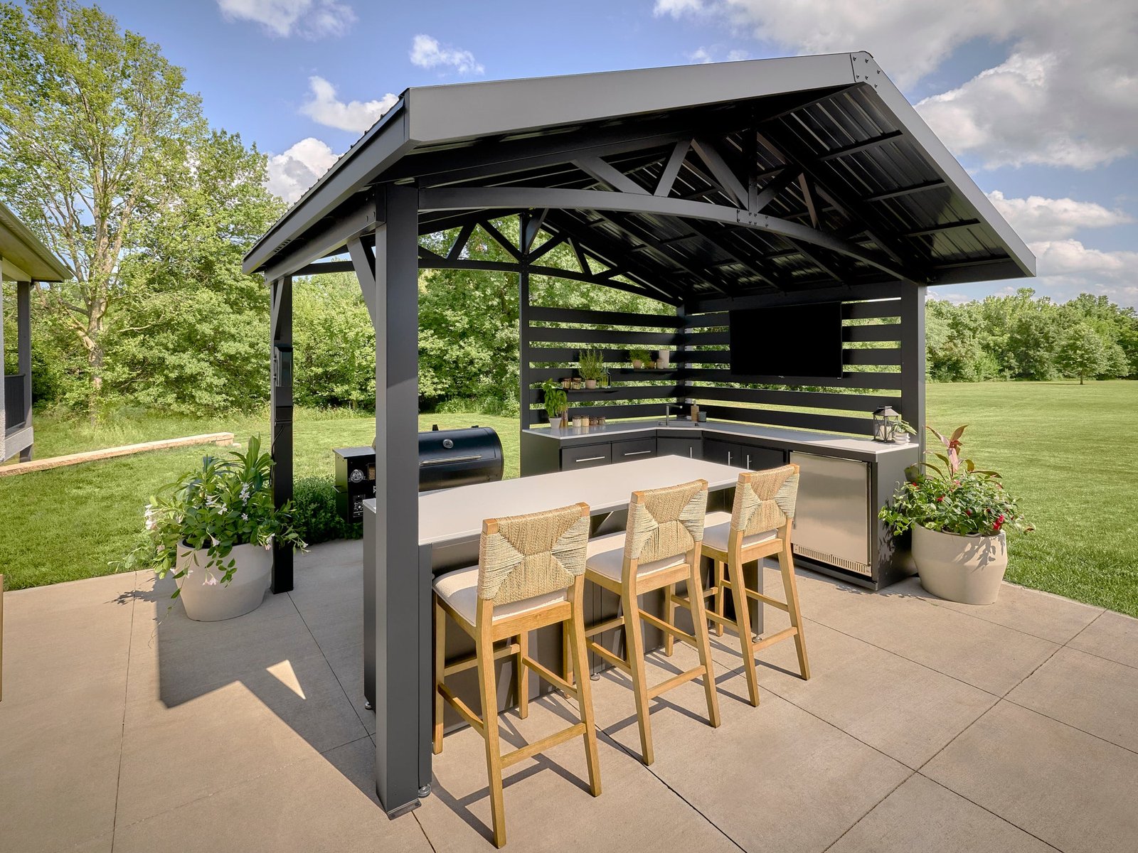 Langston | Covered Appliance-Ready Outdoor Kitchen with Refrigerator & Sink